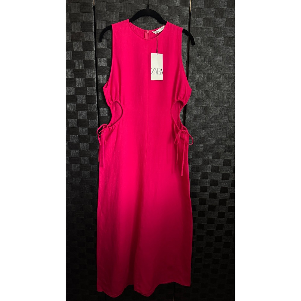 Zara Midi Dress Womens Small Pink Linen Blend Cut Out Tie Side Barbiecore